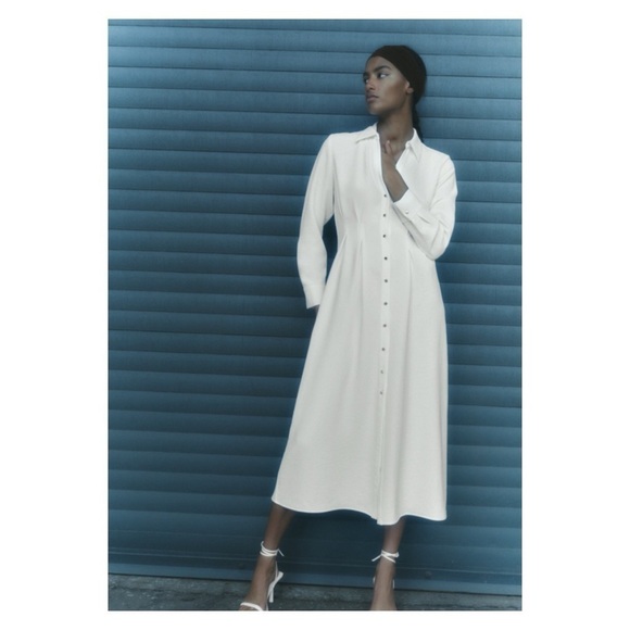 ZARA Ivory Gold Detail Long Sleeve Tailored Midi Shirt Dress XL Blogger Favorite - Picture 2 of 8